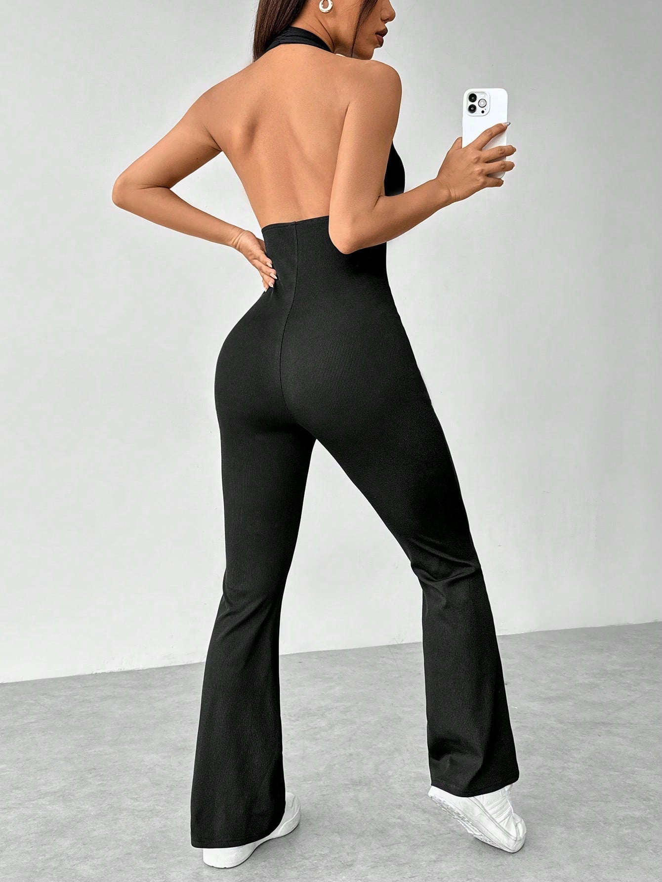 Spring/Summer Textured Halter V-Neck Bell Bottom Jumpsuit