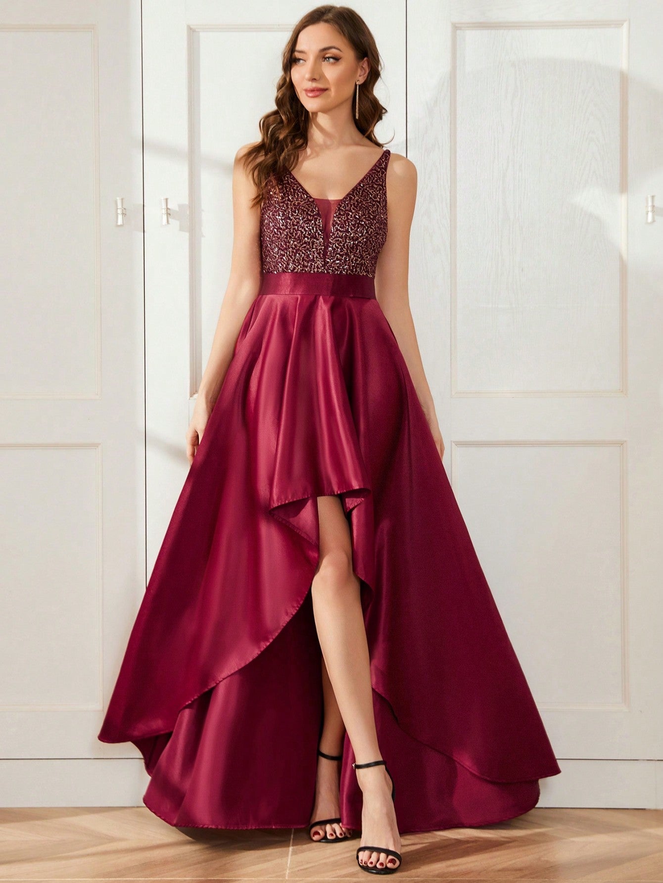 EVER-PRETTY Sequin Insert High Low Hem Chiffon Formal Dress