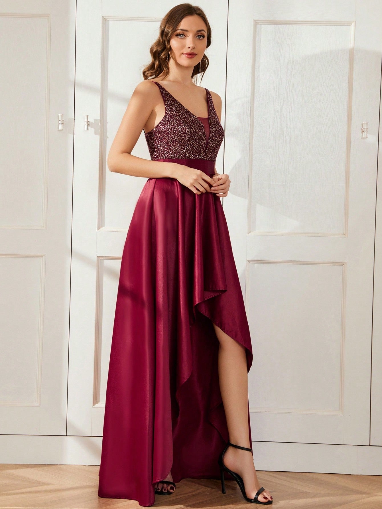 EVER-PRETTY Sequin Insert High Low Hem Chiffon Formal Dress