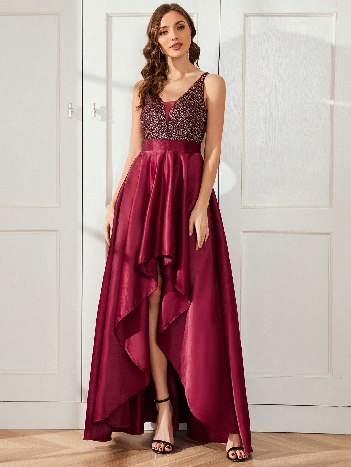 EVER-PRETTY Sequin Insert High Low Hem Chiffon Formal Dress