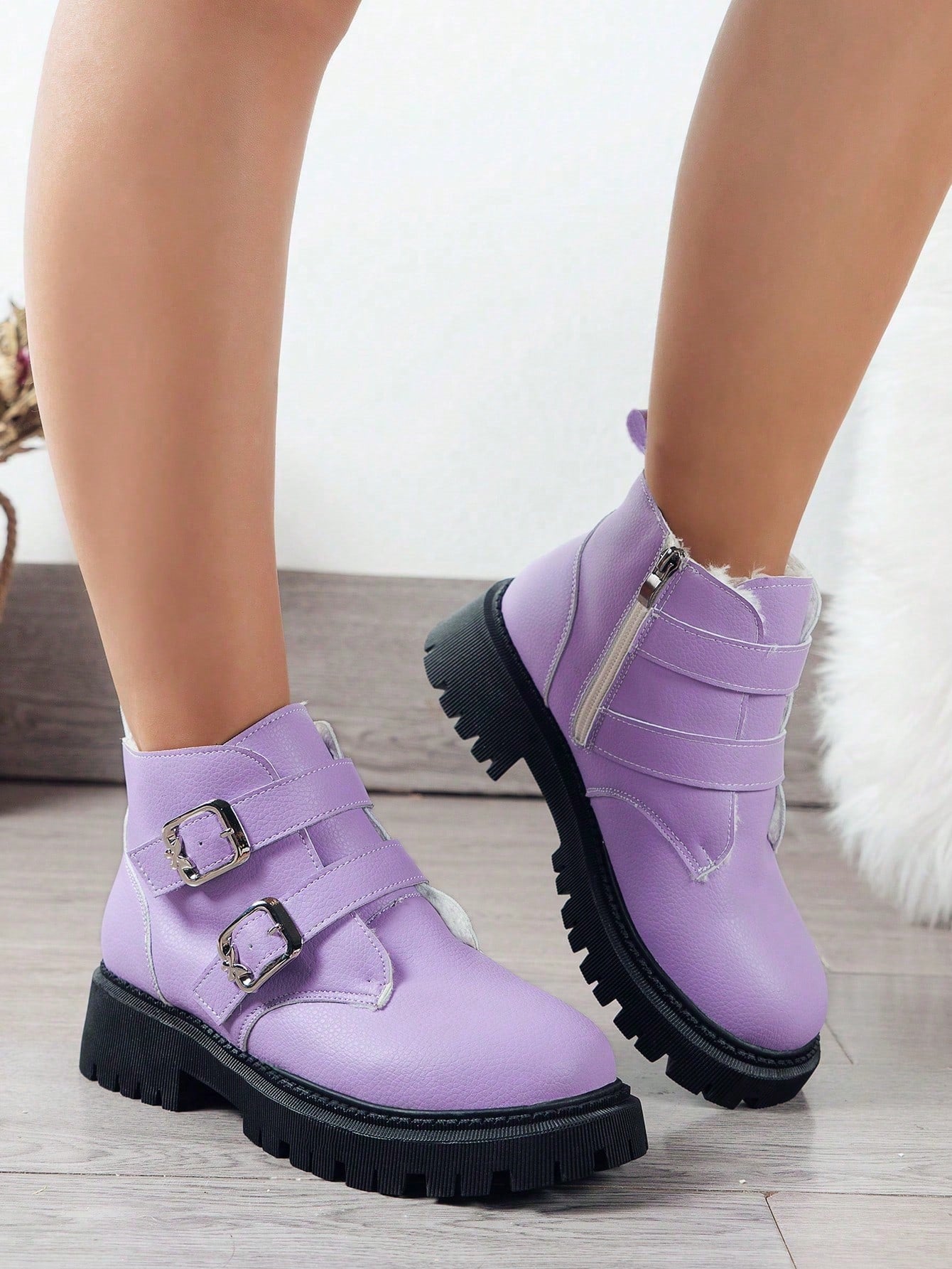 ROMWE Kawaii New Women'S Purple Boots With Thickened Lining And Sole, Mid-Calf/Ankle-Length For Winter