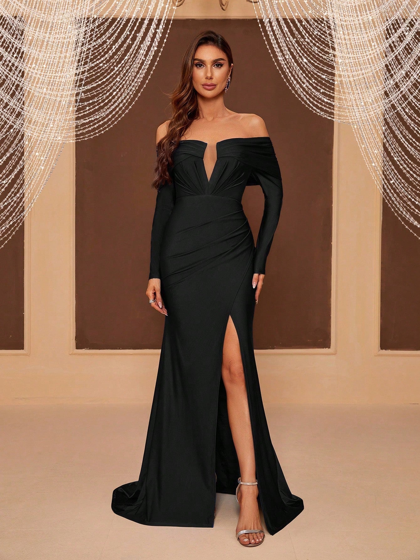 Belle Ladies' Formal Evening Dress With Shaped Bust, High Slit, Off Shoulder, Sexy Train