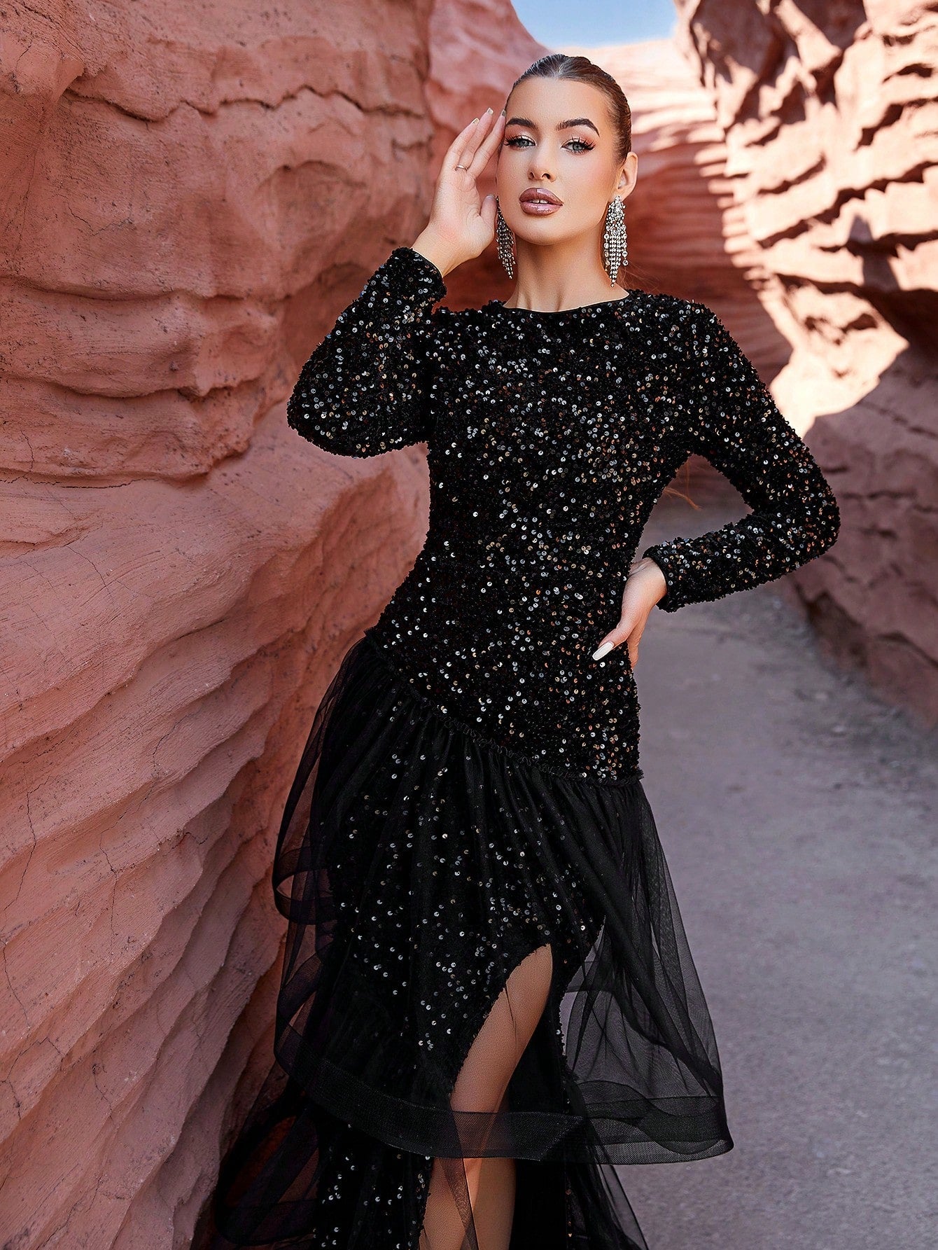 LOVE&LEMONADE Round Neck Long Sleeve Black Slit Maxi Dress