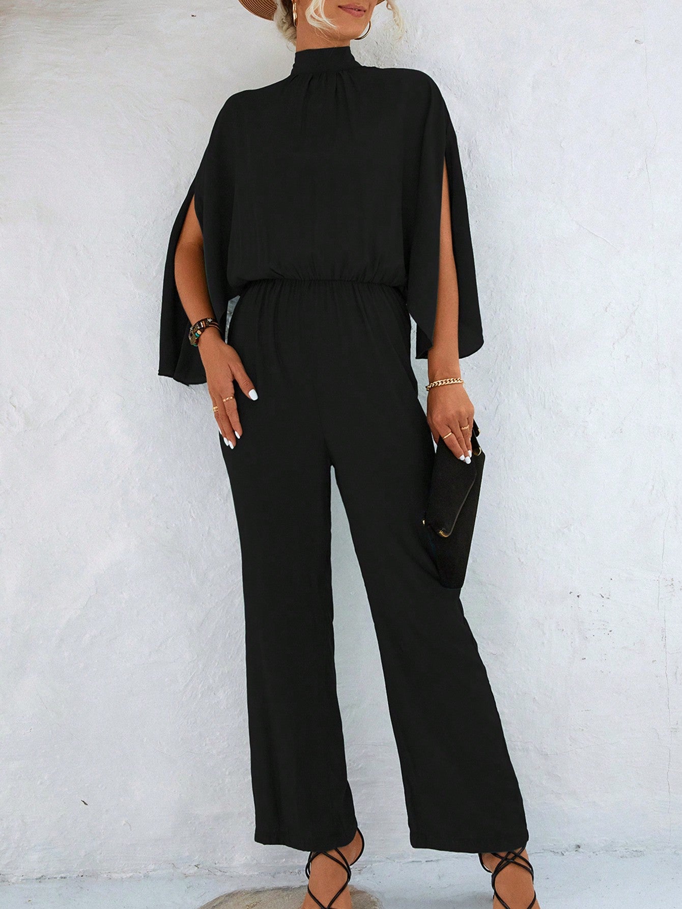 Solid Color Jumpsuit With Split Sleeves