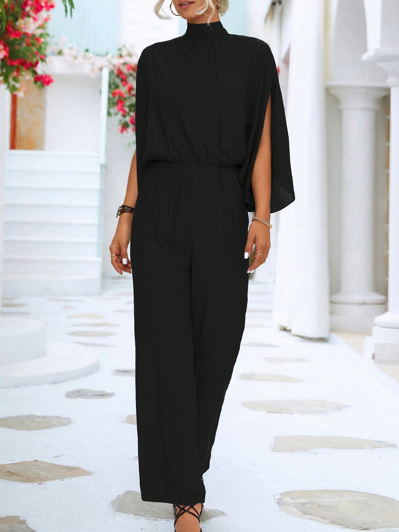 Solid Color Jumpsuit With Split Sleeves