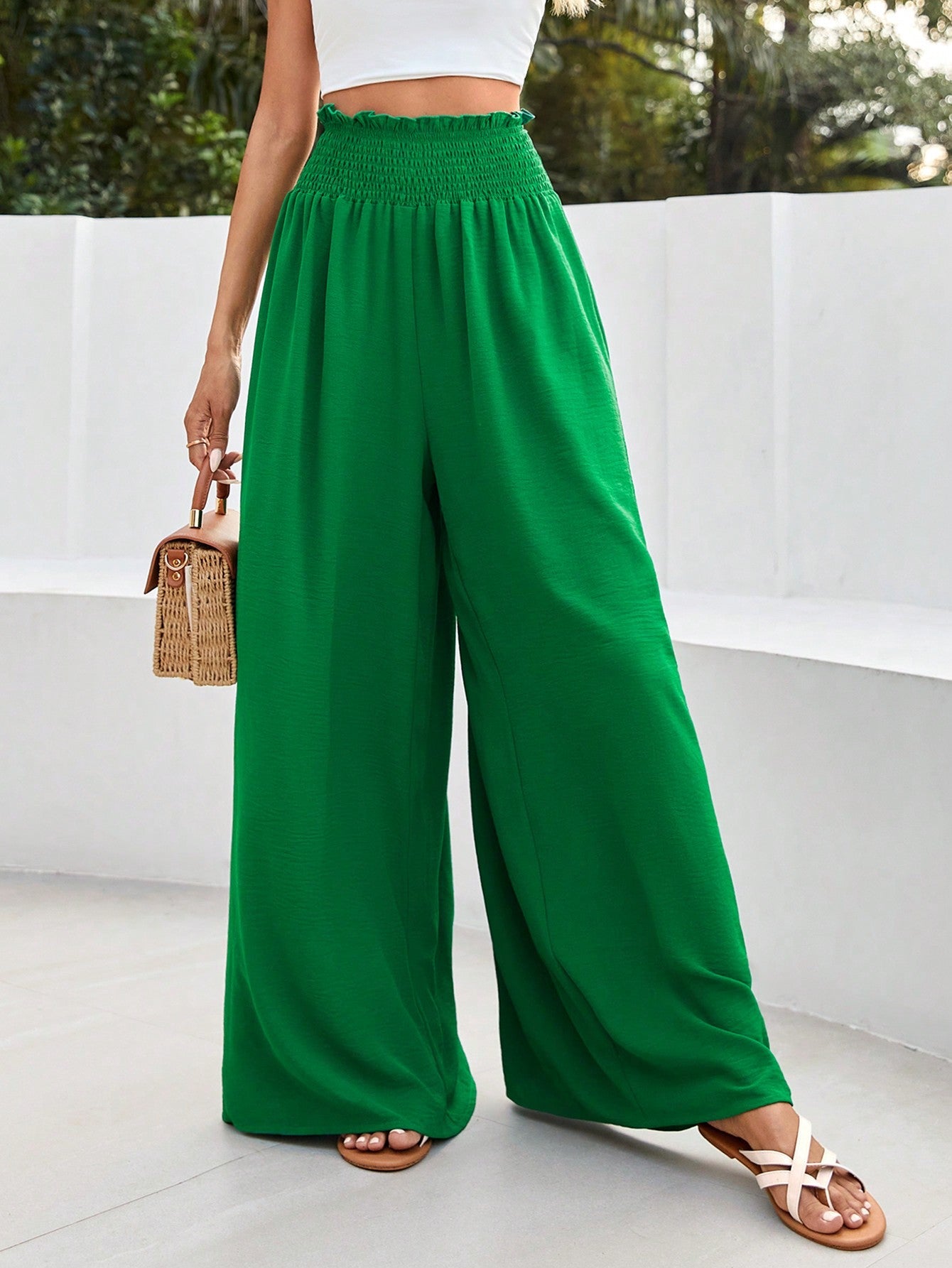 VCAY Wide-Waist Shirred Wide Leg Vacation Style Long Pants