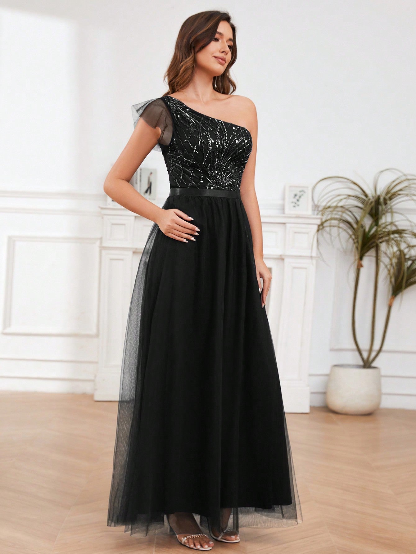 A-Line One Shoulder Long Prom Dress With Embroider