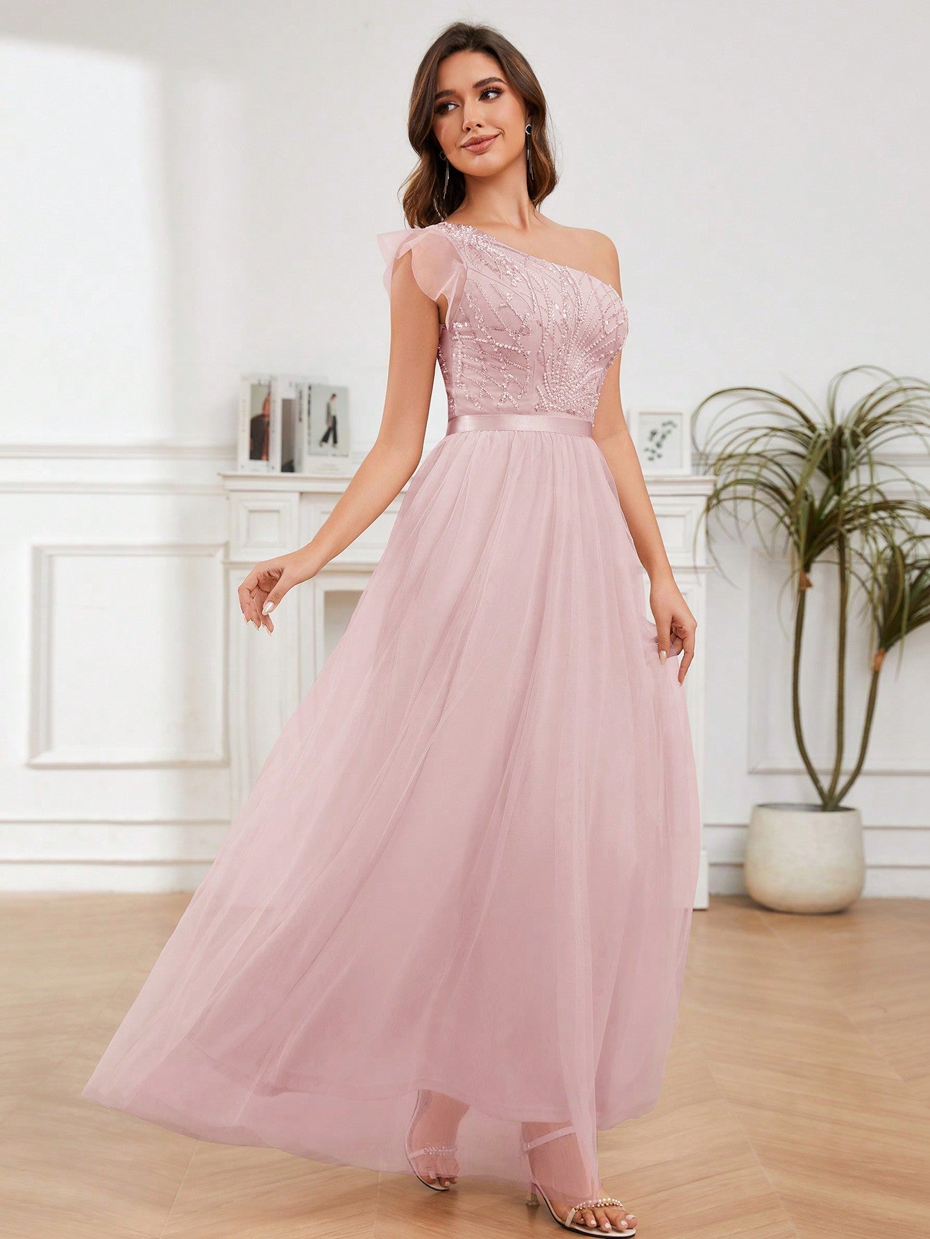 A-Line One Shoulder Long Prom Dress With Embroider