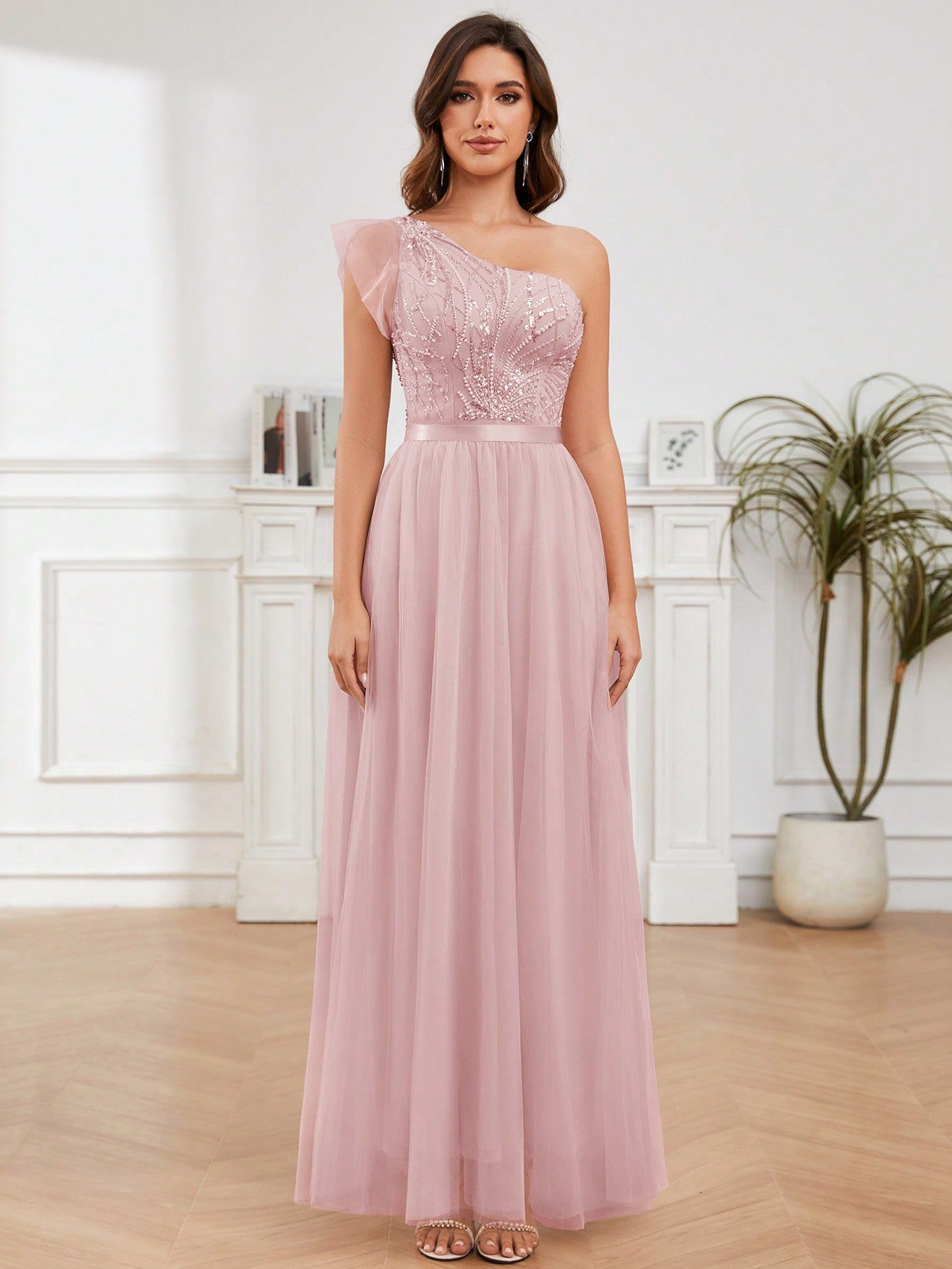 A-Line One Shoulder Long Prom Dress With Embroider