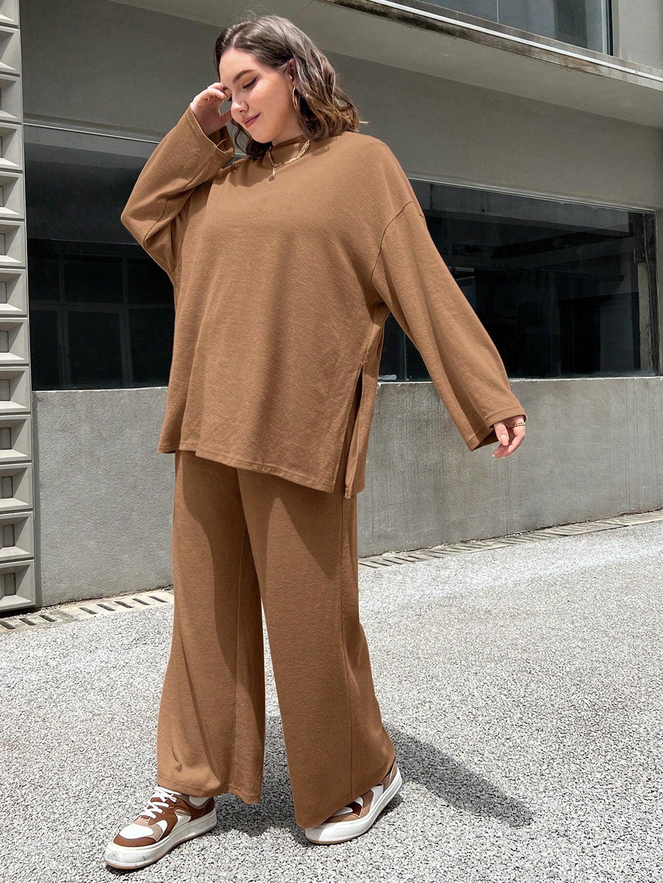 Essnce Plus Size Loose Solid Color Casual Two Piece Set