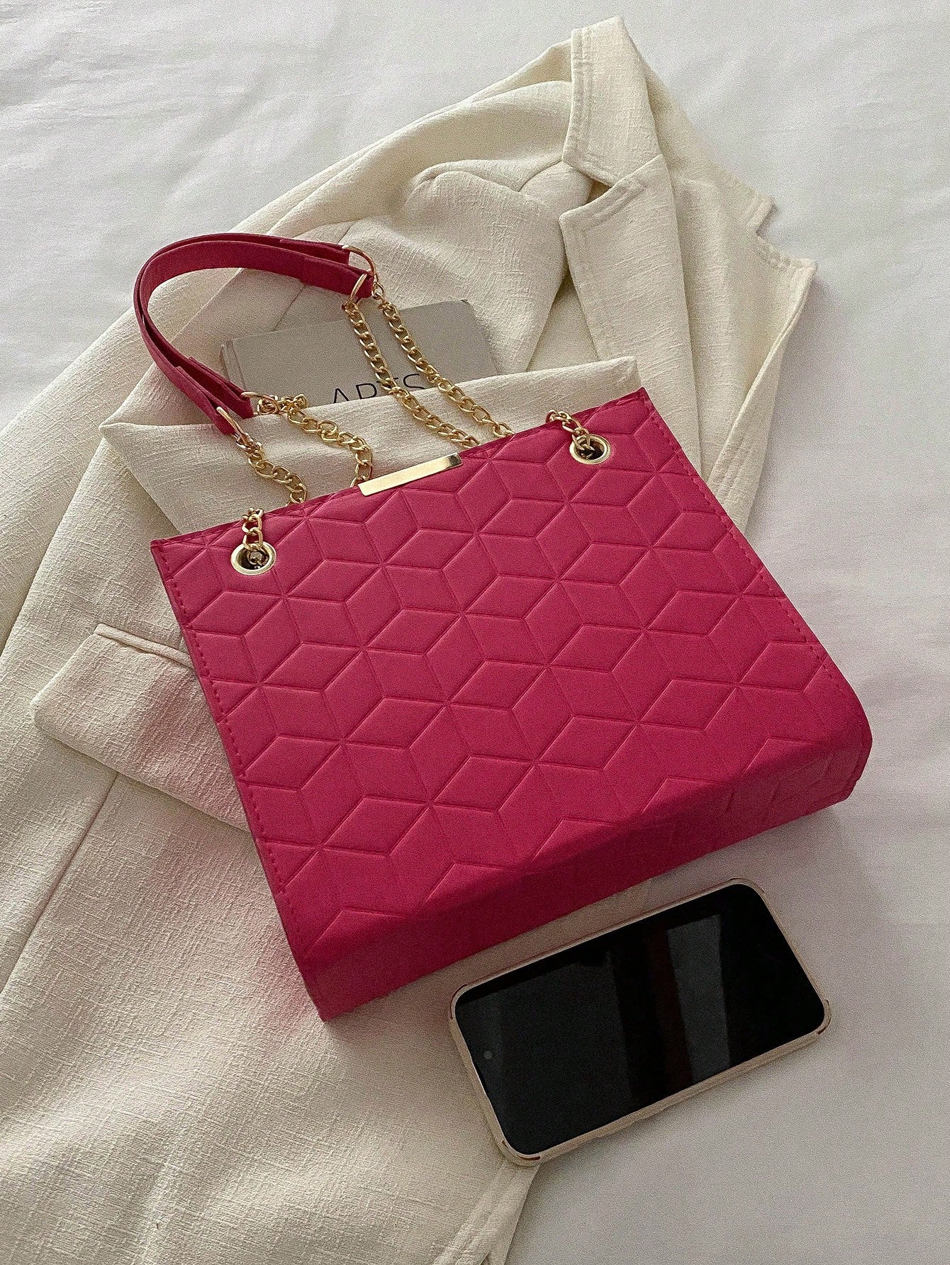 1 Fashionable Solid Color Embossed Square Bag, Zippered Simple Chain Shoulder Bag