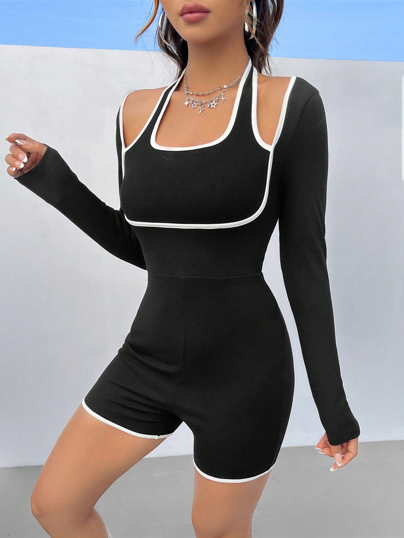 Coolane Color Block & Edging Design Women's Tight Jumpsuit Shorts