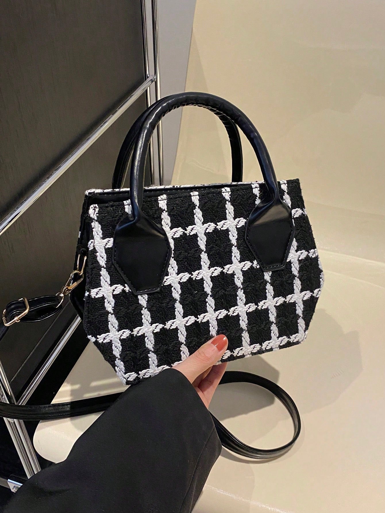 1 Contrasting Color Patchwork Crossbody Bag, Checkered And Adjustable Shoulder Strap Mini Handbag