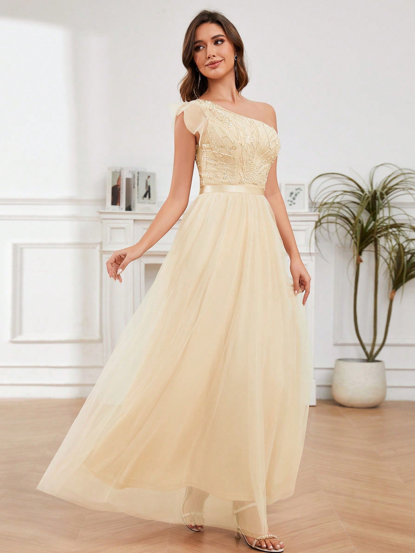 A-Line One Shoulder Long Prom Dress With Embroider