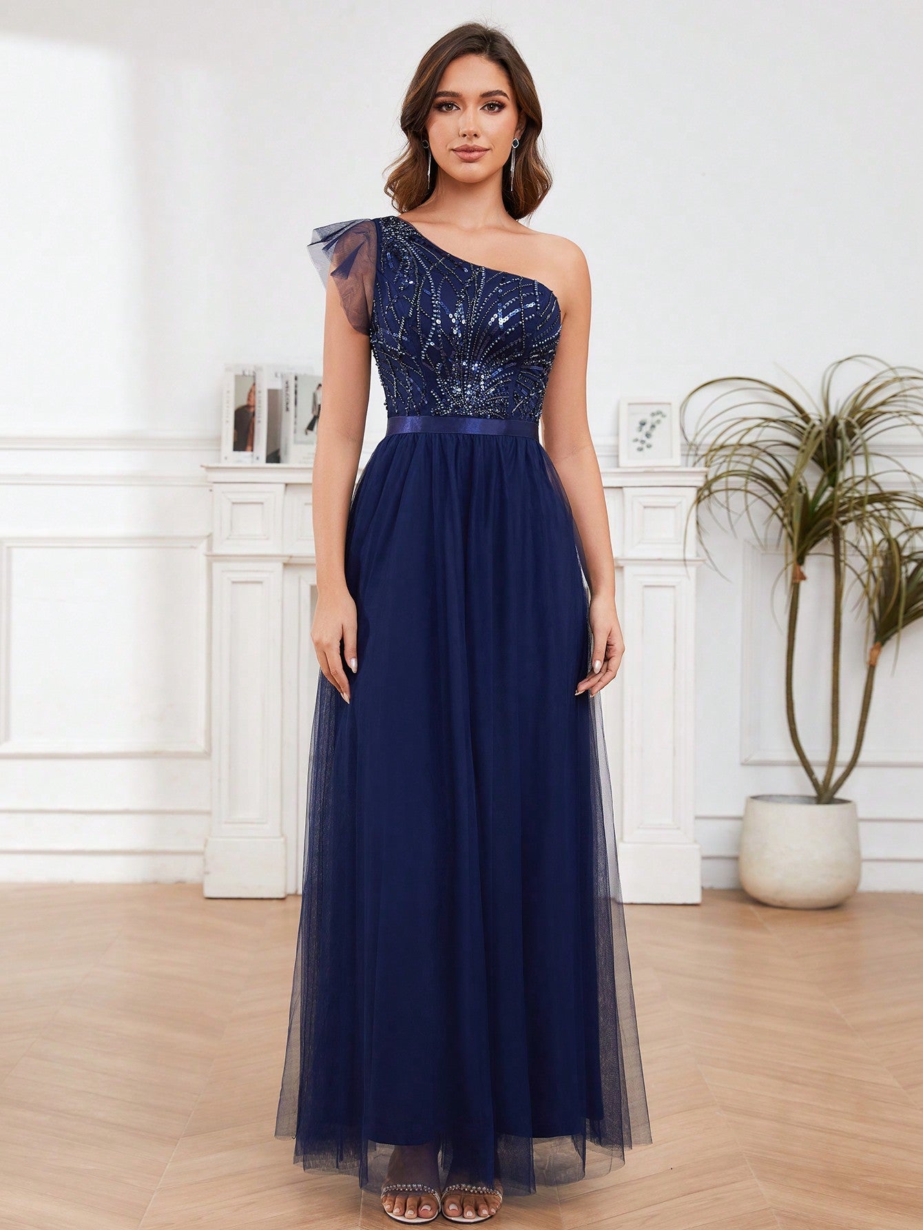 A-Line One Shoulder Long Prom Dress With Embroider