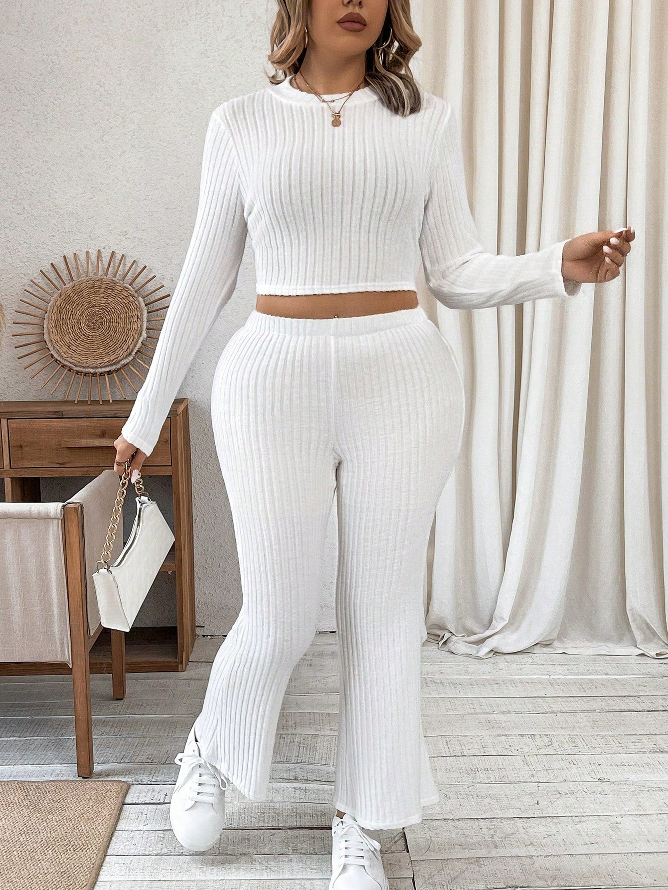 Essnce Plus Size Long Sleeve Cropped Top And Long Pants Set