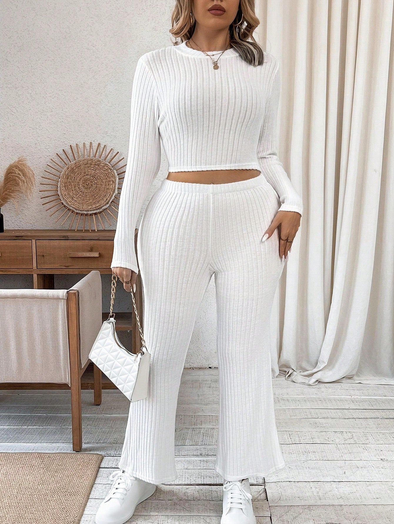 Essnce Plus Size Long Sleeve Cropped Top And Long Pants Set